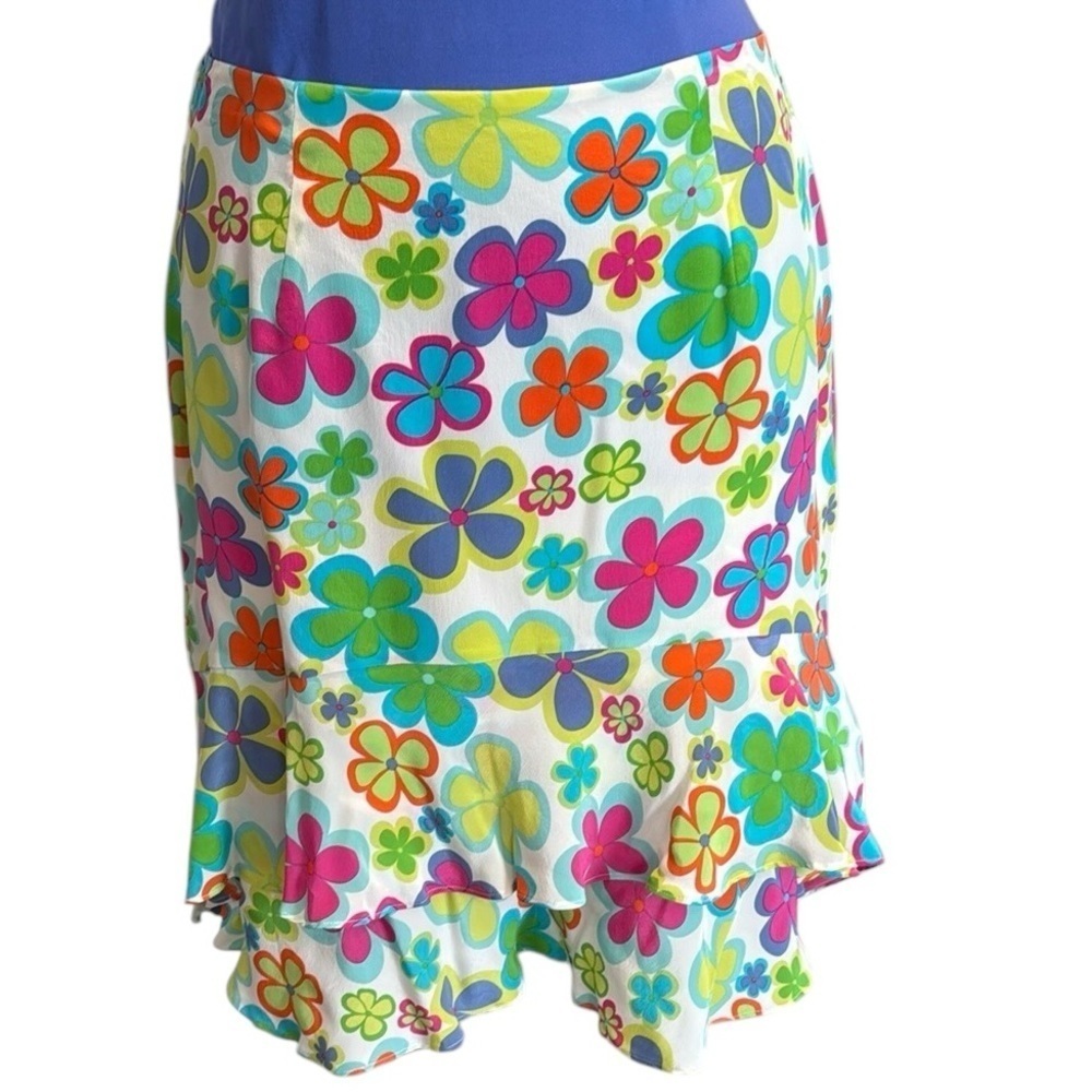 Allison Taylor 100% silk retro floral ruffle tiered skirt multicolor flowers 12
